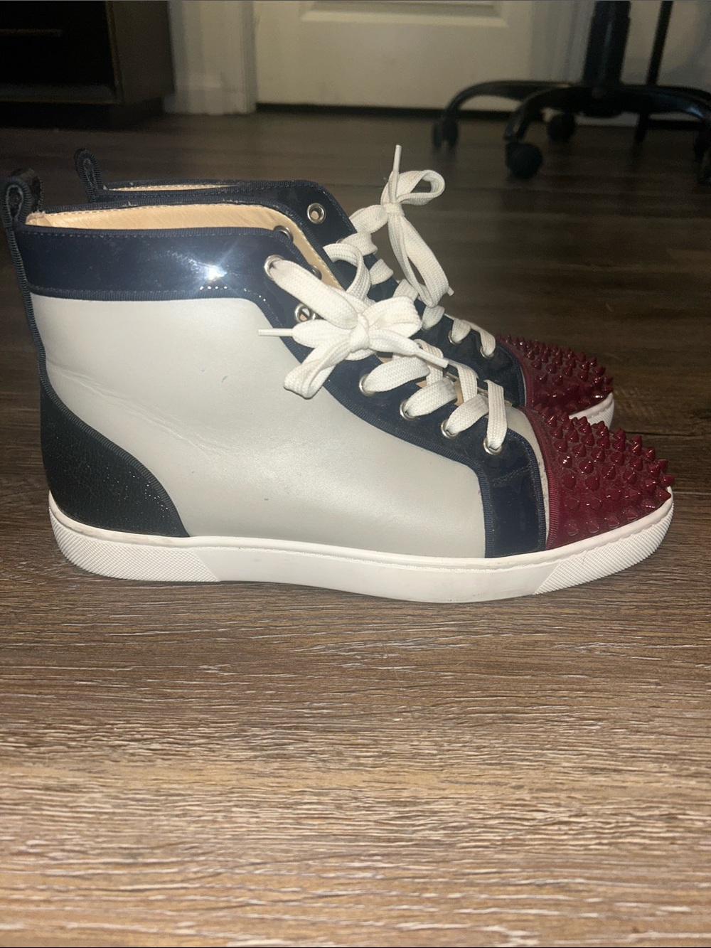 Men’s High-Top Sneakers in White, Navy & Red